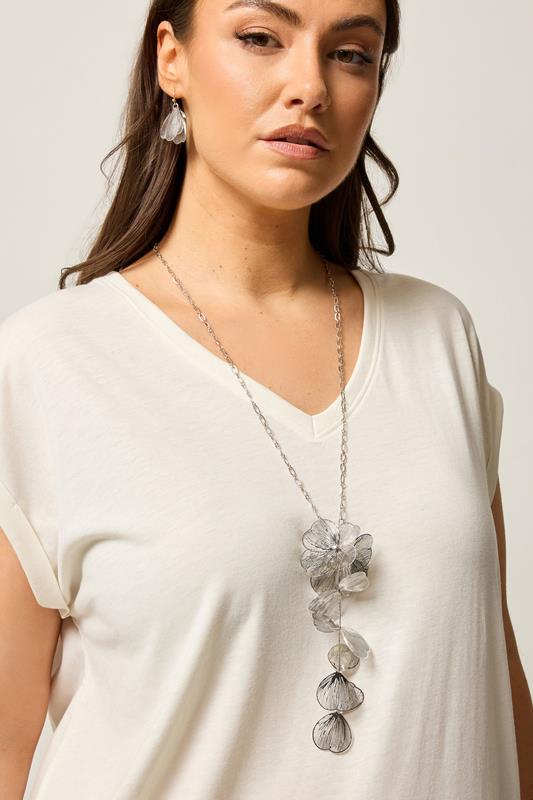 Silver Tone Long Flower Necklace & Earrings Set | Yours Clothing 1