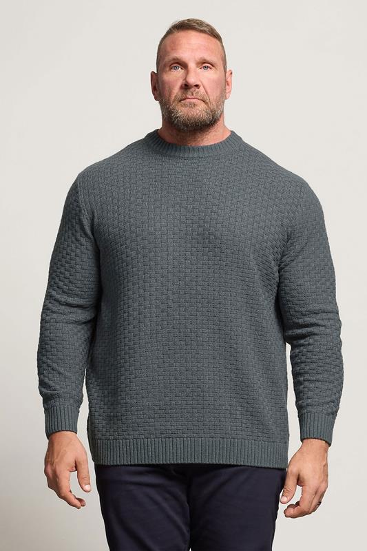 BadRhino Big & Tall Storm Blue Textured Crew Neck Knitted Jumper