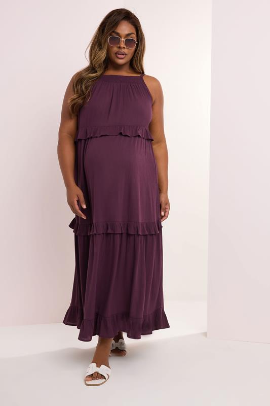 BUMP IT UP MATERNITY Plus Size Dark Purple Tiered Frill Maxi Dress | Yours Clothing 1