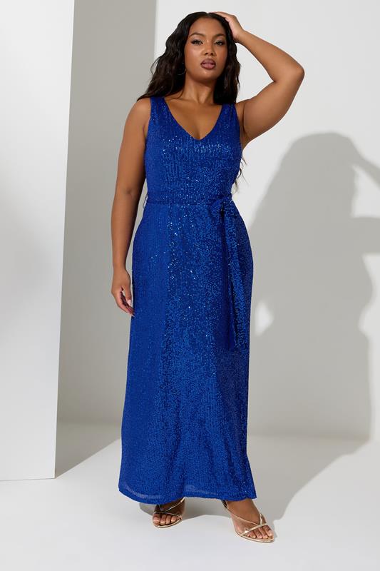 YOURS LONDON Plus Size Cobalt Blue Sequin V-Neck Maxi Dress | Yours Clothing 1