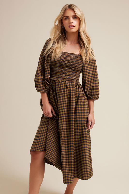 PixieGirl Petite Women's Brown Gingham Puff Sleeve Midi Dress | PixieGirl 1