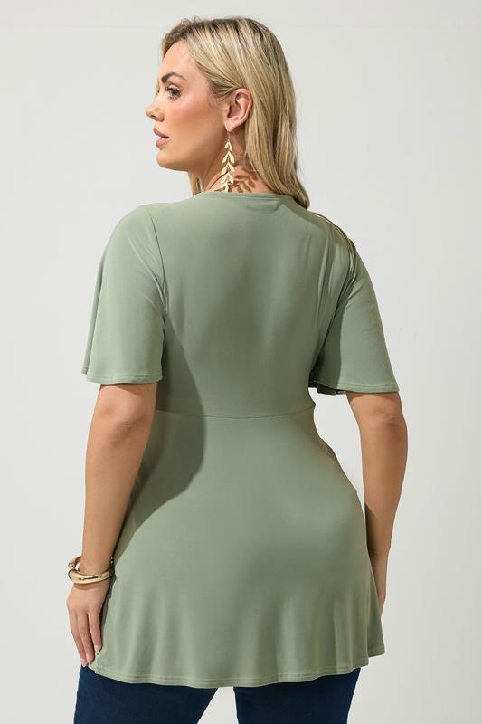 YOURS LONDON Plus Size Sage Green Knot Detail Front Short Sleeve Top | Yours Clothing 2