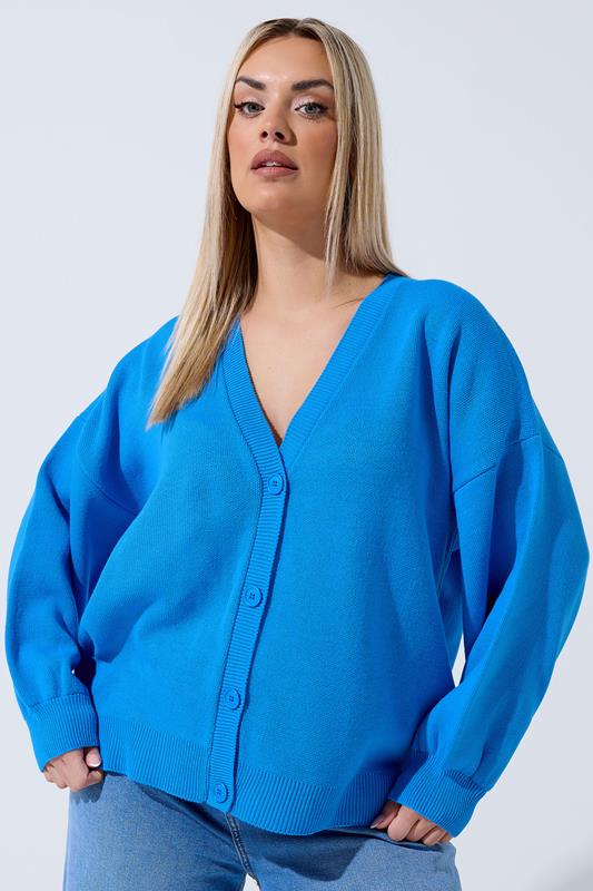 LIMITED COLLECTION Plus Size Blue Balloon Sleeve Knitted Cardigan | Yours Clothing 1