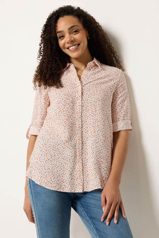 M&Co White & Orange Ditsy Floral Tab Sleeve Shirt