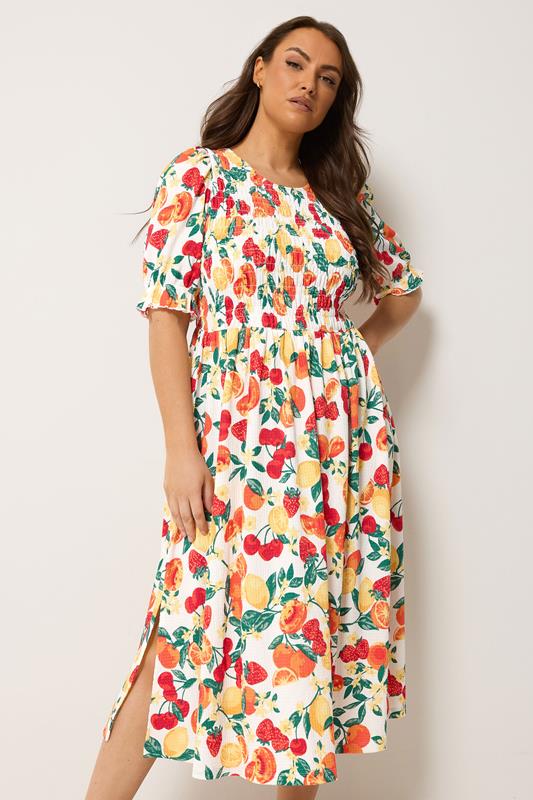 YOURS Curve Orange Shirred Fruit Print Dress