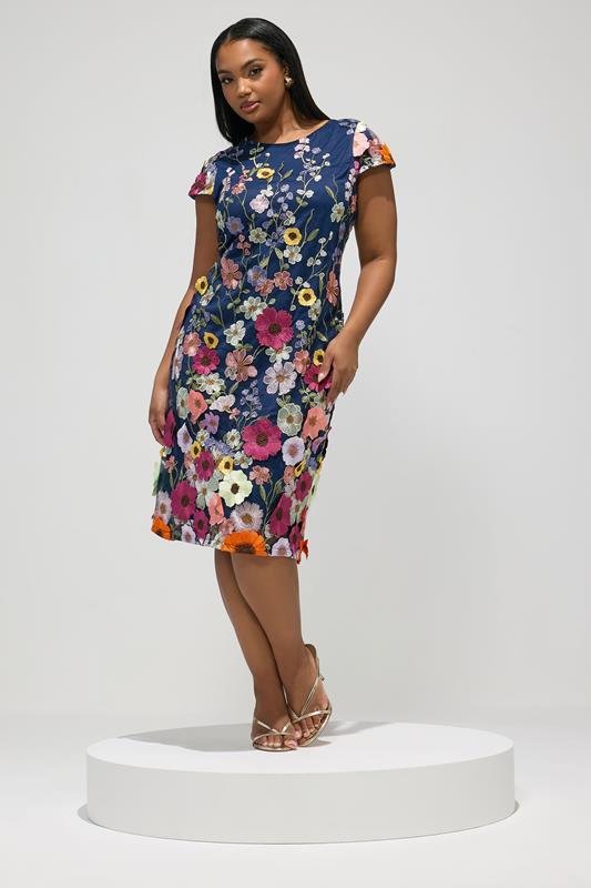 YOURS LONDON Plus Size Navy Blue & Pink Floral 3D Embroidered Shift Dress | Yours Clothing 2