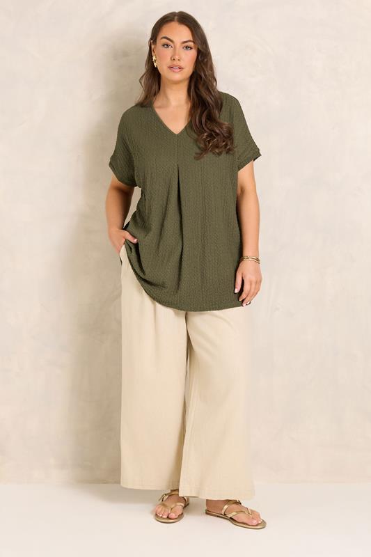 EVANS Plus Size Khaki Green Plisse Pleat Top | Evans 1