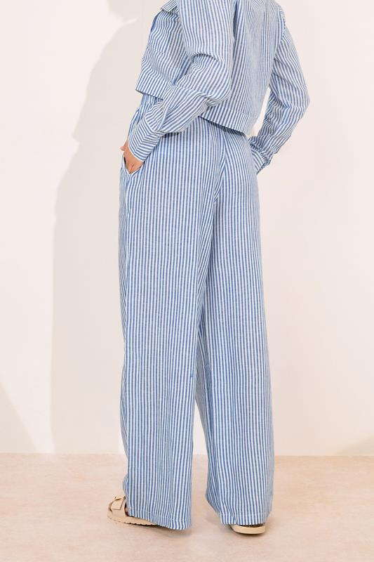 PixieGirl Petite Women's Blue Linen Striped Wide Leg Trousers | PixieGirl 2