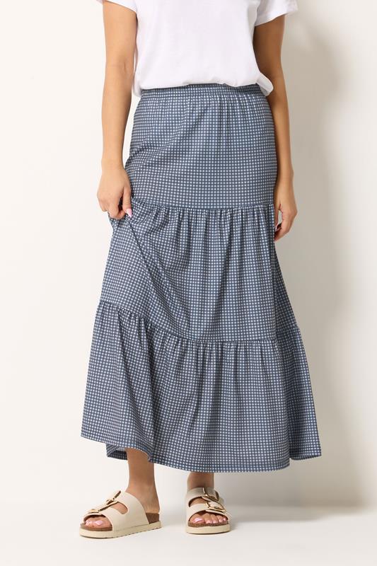  M&Co Petite Blue Gingham Tiered Maxi Skirt