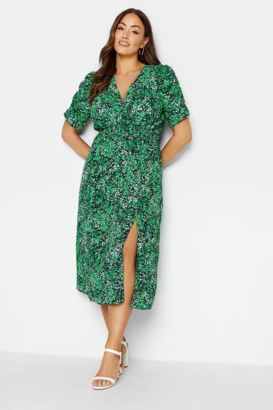 Women's  M&Co Green Floral Print Shirred Waist Midi Dress