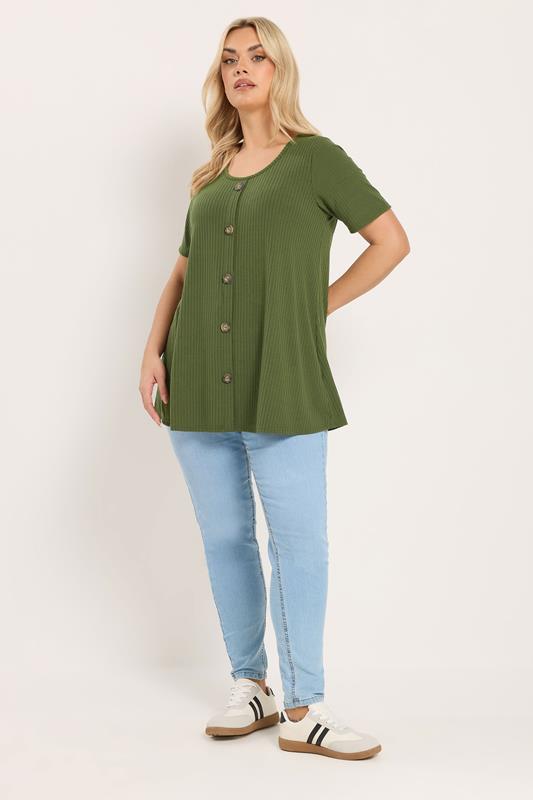 YOURS Plus Size Khaki Green Button Front Ribbed Swing Top | Yours Clothing 1