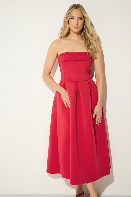 LTS Tall Bright Red Bandeau Pleated Midi Dress