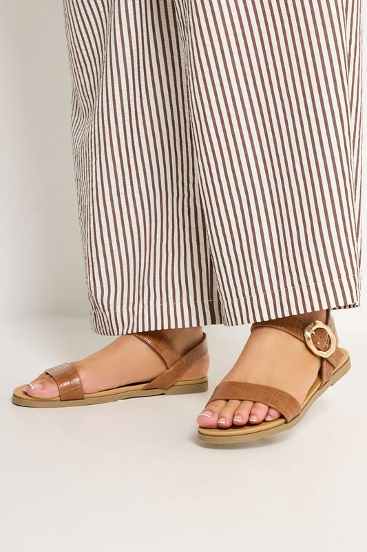 Brown Croc Buckle Detail Sandals In Wide E Fit