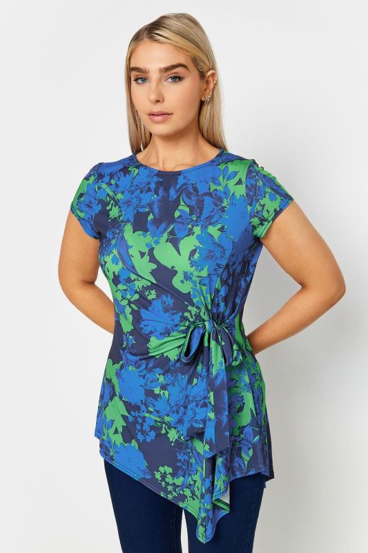 Women's  M&Co Blue Floral Print Tie Waist Asymmetric Top