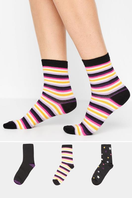 Tall  LTS 3 PACK Black Star & Stripe Print Ankle Socks