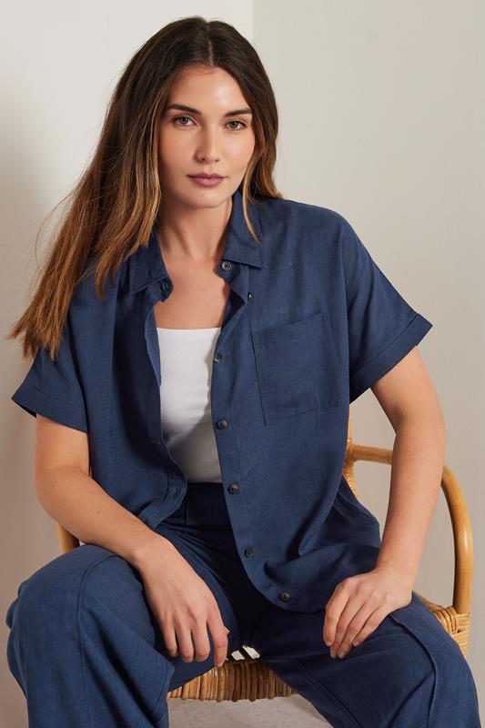  LTS Tall Navy Blue Linen Oversized Short Sleeve Shirt