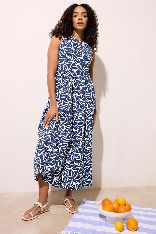  M&Co Navy Blue Abstract Print Cotton Tiered Maxi Dress