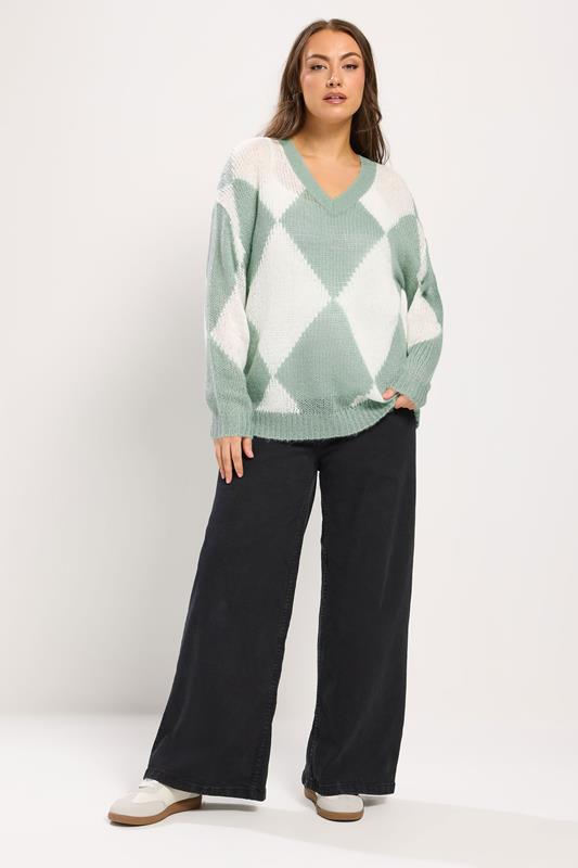 YOURS Plus Size Green Diamond V-Neck Soft Touch Jumper | Yours Clothing 1