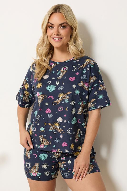 YOURS Curve Navy Blue Celestial Short Sleeve Pyjama Set