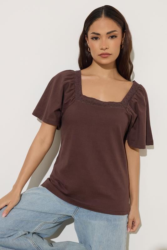 PixieGirl Petite Chocolate Brown Crochet Trim Flutter Sleeve Cotton T-Shirt