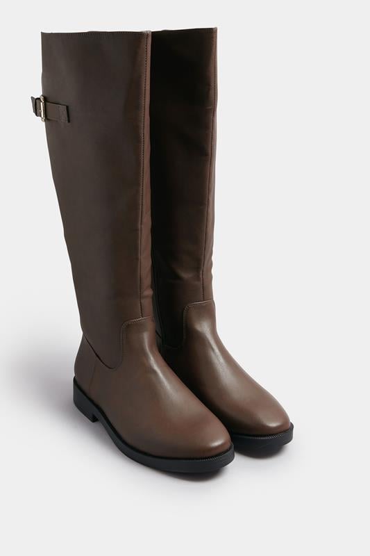 Brown Faux Leather Buckle Detail Knee High Boots In Extra Wide EEE Fit