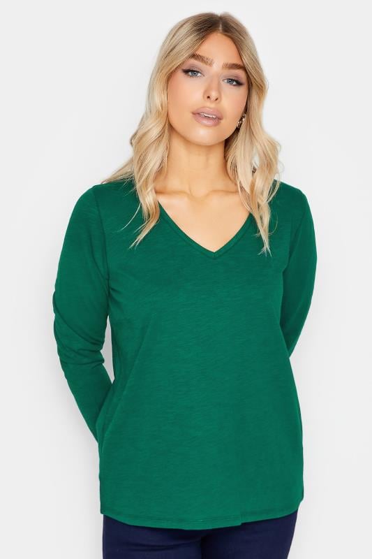 Women's  M&Co Dark Green V-Neck Long Sleeve Cotton Blend T-Shirt