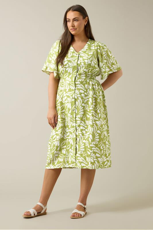 EVANS Plus Size Chartreuse Green Leaf Print Midi Dress | Evans  1