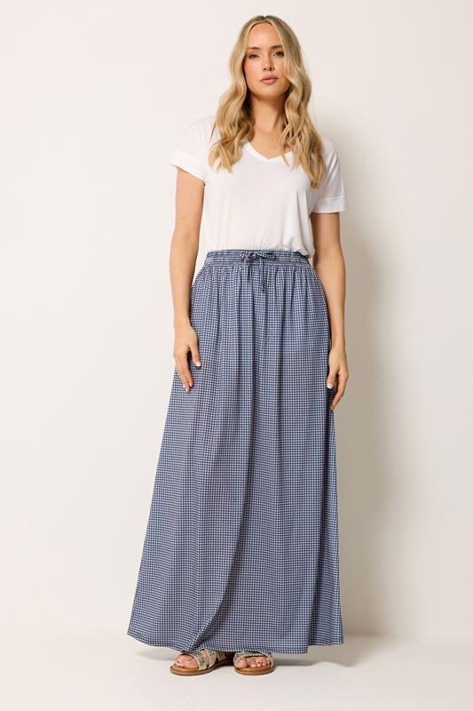 LTS Tall Women's Navy Blue Gingham Shirred Maxi Skirt | Long Tall Sally 1