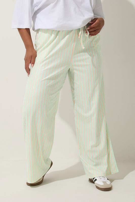LIMITED COLLECTION Plus Size Mint Green & Pink Stripe Wide Leg Trousers | Yours Clothing 1