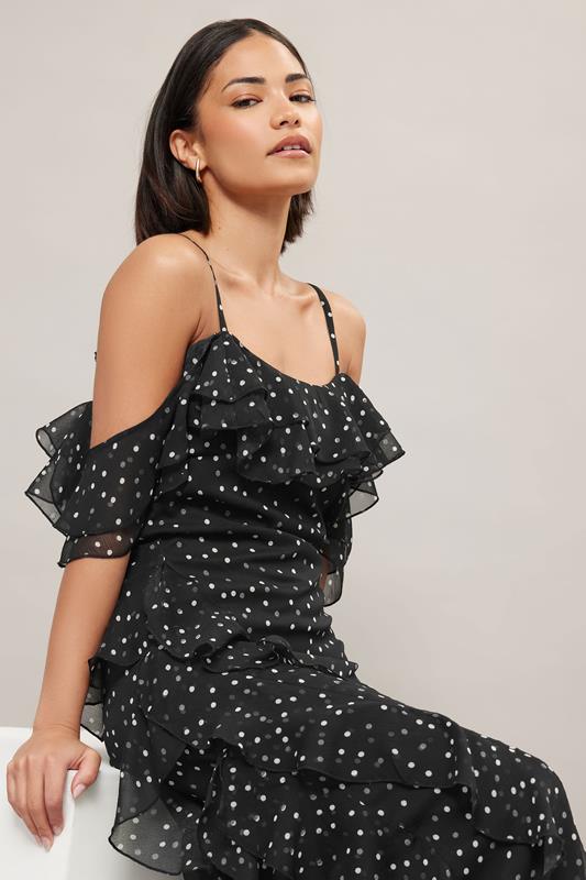 PixieGirl Petite Women's Black Chiffon Polka Dot Ruffle Maxi Dress | PixieGirl 5