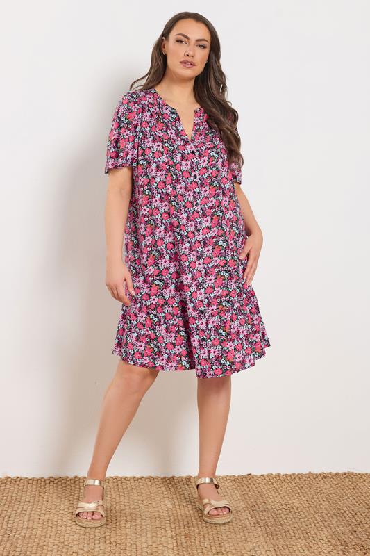 YOURS Curve Pink Ditsy Floral Smock Dress