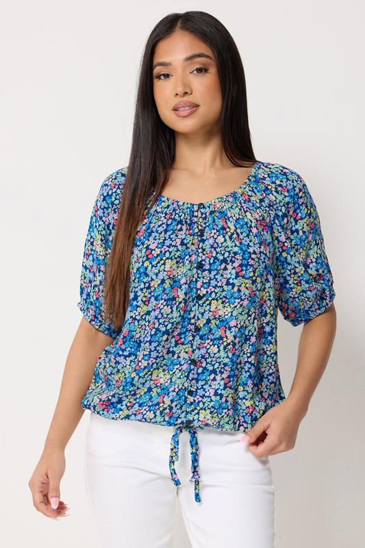  M&Co Petite Blue Ditsy Floral Tie Hem Blouse