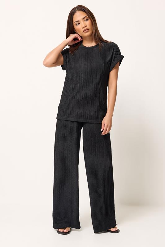 PixieGirl Petite Set Black Textured Short Sleeve Top & Wide Leg Trousers