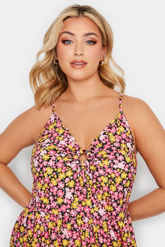 YOURS Plus Size Pink Floral Print Ring Front Midi Dress | Yours Clothing 4