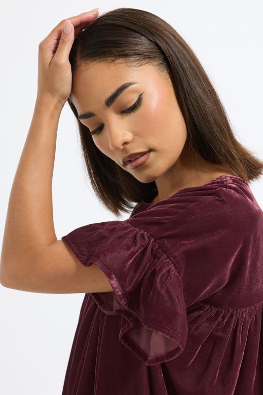 PixieGirl Petite Women's Burgundy Red Velvet Frill Smock Mini Dress | PixieGirl 5