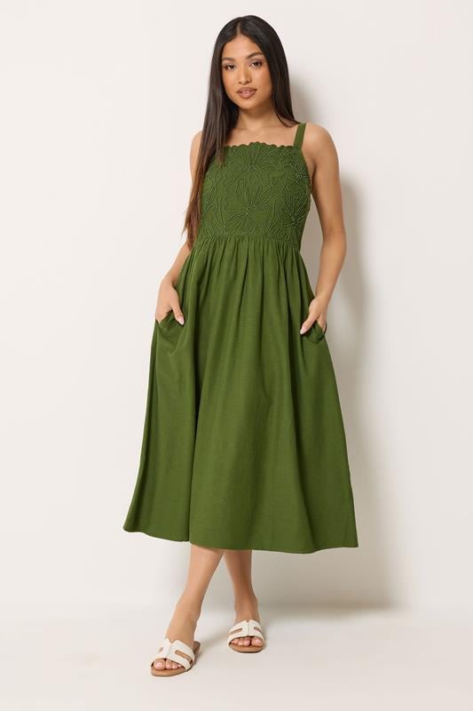  M&Co Petite Olive Green Linen Embroidered Trim Midi Dress