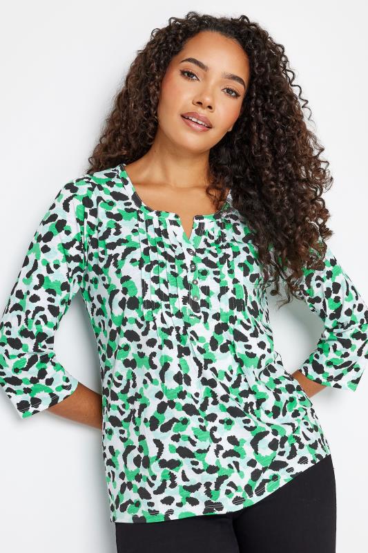 Women's  M&Co Green Leopard Print Cotton Henley Top