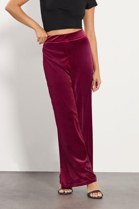 PixieGirl Petite Women's Burgundy Red Velour Wide Leg Trousers | PixieGirl 1