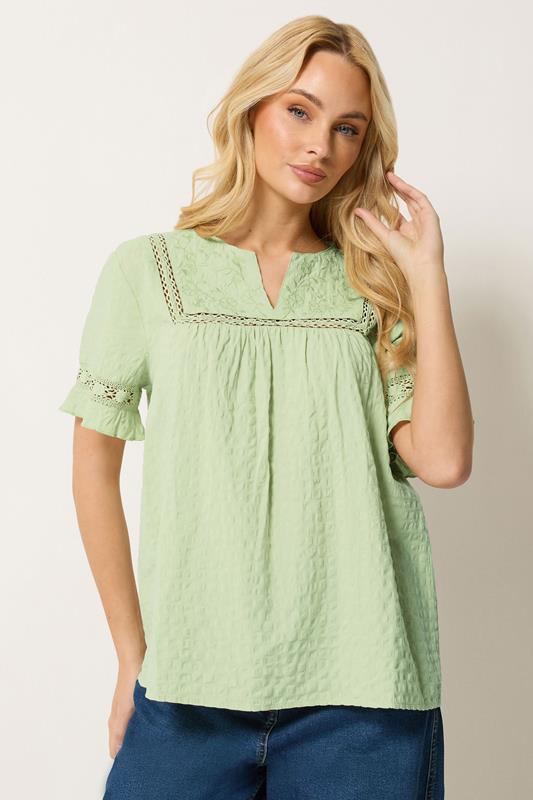 M&Co Sage Green Embroidered Cotton Ruffle Top