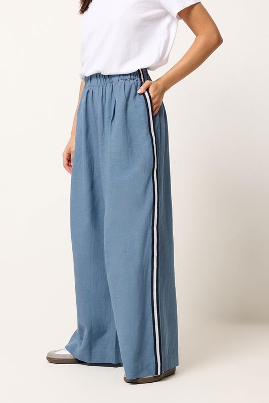 PxieGirl Petite Women's Blue Side Stripe Linen Wide Leg Trousers | PixieGirl 1