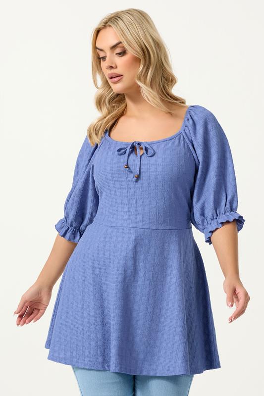 YOURS Plus Size Blue Textured Milkmaid Top | Yours Clothing 1