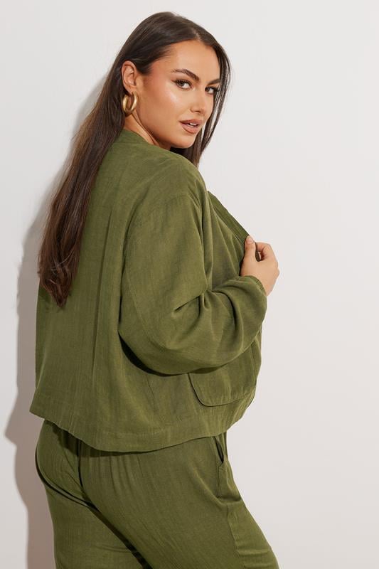 YOURS Plus Size Khaki Green Linen Bomber Jacket | Yours Clothing 4
