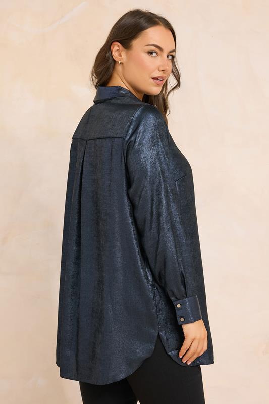 EVANS Plus Size Navy Blue Metallic Long Sleeve Shirt | Evans  2