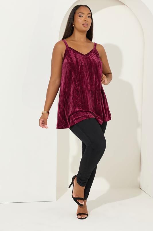 YOURS Plus Size Burgundy Red Crushed Velour Cami Vest Top | Yours Clothing 1