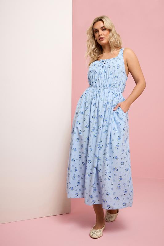 YOURS Curve Blue Ditsy Floral Linen Milkmaid Dress