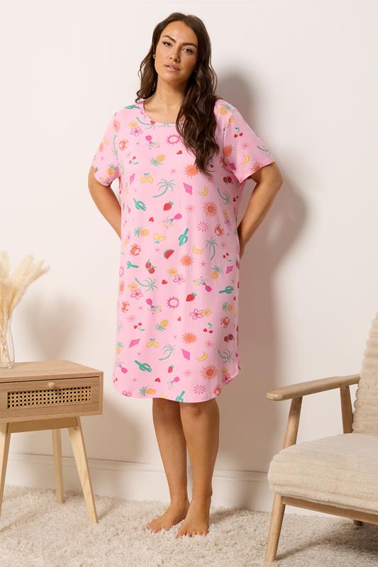  YOURS Curve Pink Summer Print Soft Touch Nightdress