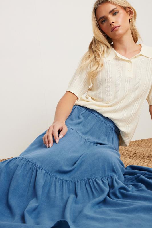 PixieGirl Petite Women's Blue Asymmetric Tiered Maxi Skirt | PixieGirl 5