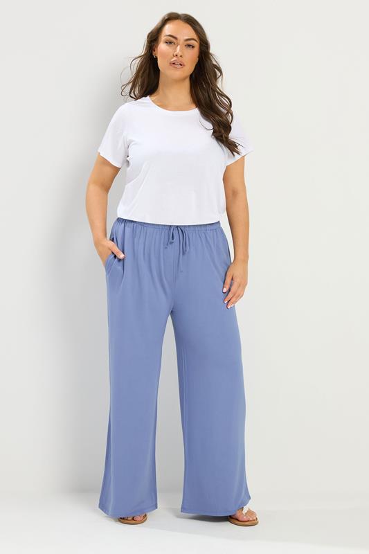 YOURS Plus Size Blue Soft Touch Wide Leg Trousers | Yours Clothing 1