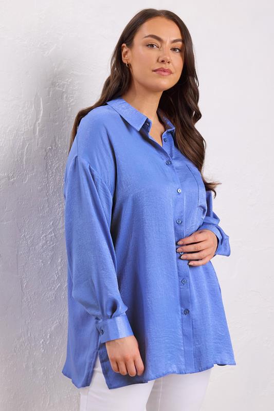 EVANS Plus Size Blue Metallic Button Through Shirt | Evans 1