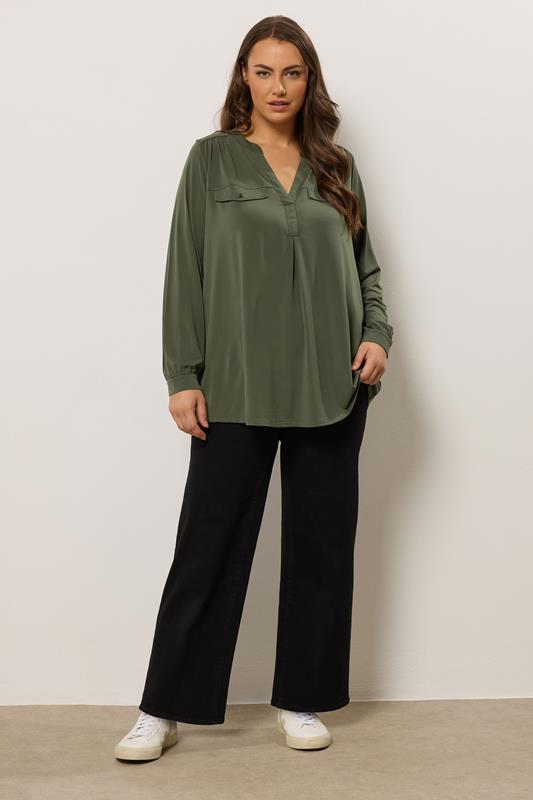 EVANS Plus Size Khaki Green Notch Neck Utility Shirt | Evans 1